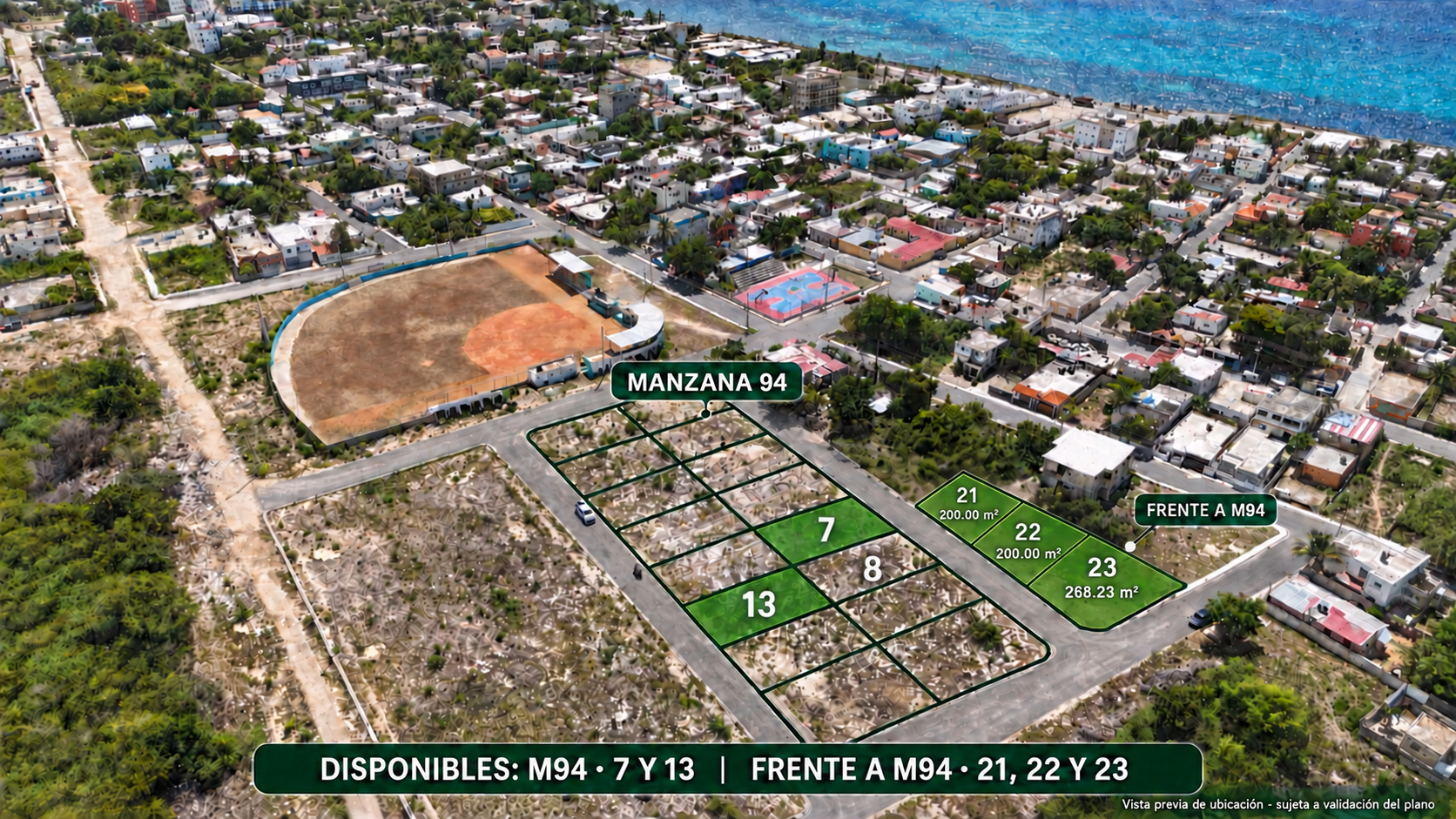 Vista aérea de Vista Mar: solares disponibles 7 y 13 en M94 y 21, 22 y 23 frente a ella